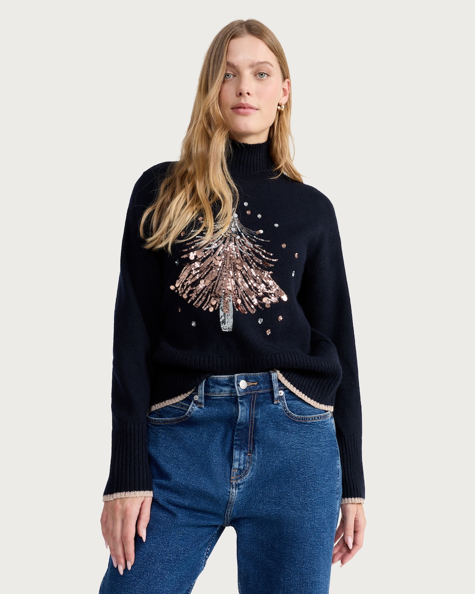 image 1 of F&F Sequin Christmas Tree Jumper in Navy