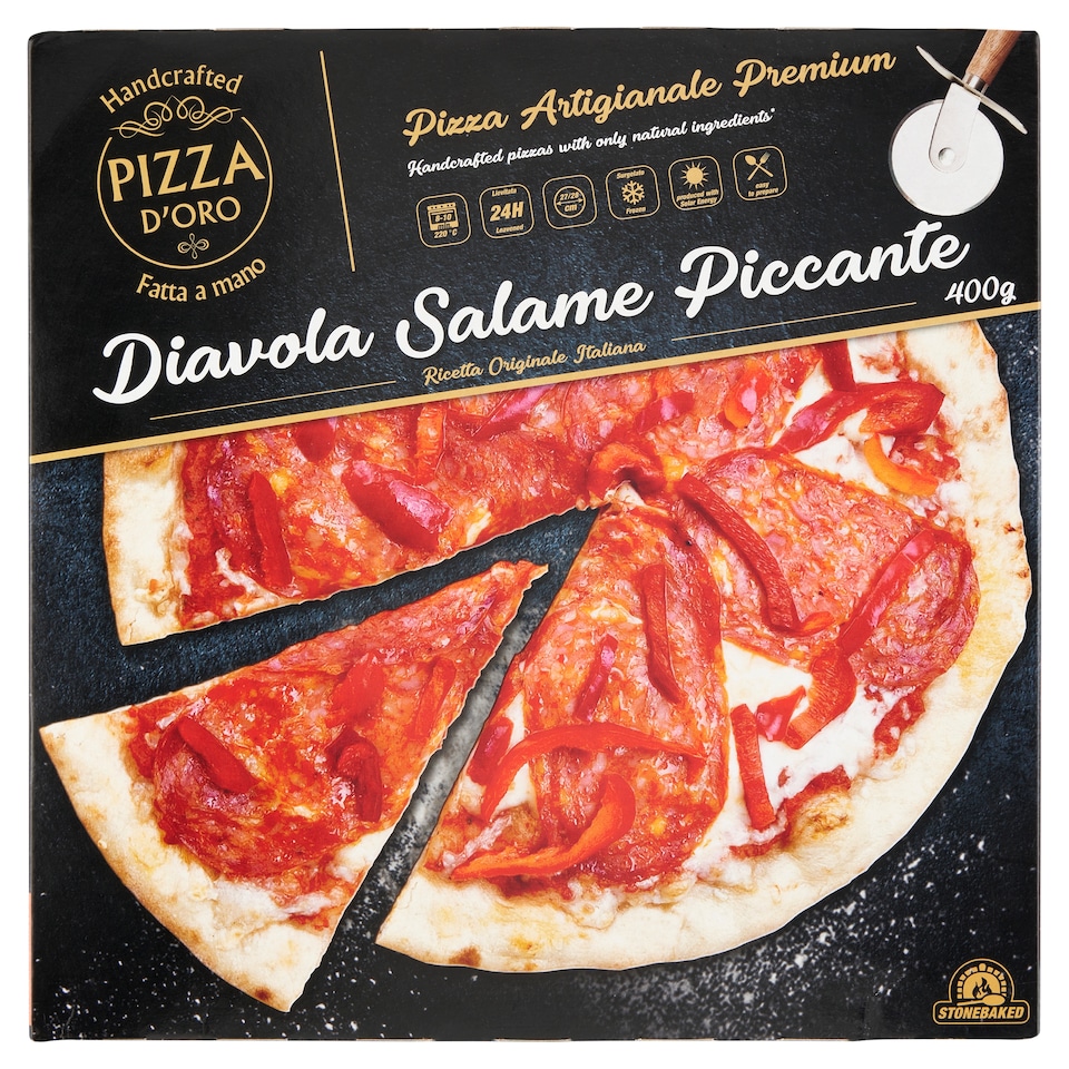 Pizza D'Oro gyorsfagyasztott kézműves pizza csípős Salame-vel és paprikacsíkokkal 400 g