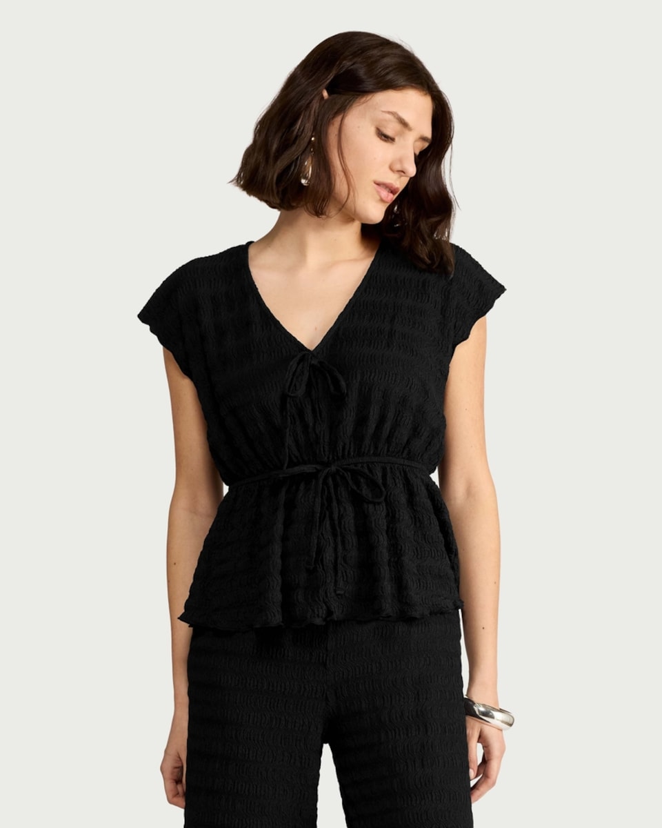 image 1 of F&F Textured Tie Front Waisted Co-ord Top in Black