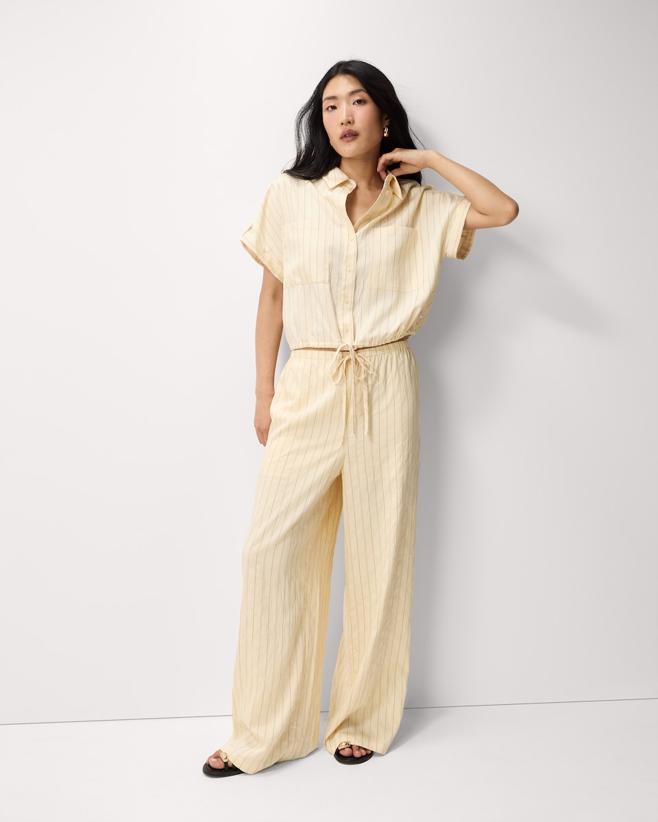image 1 of F&F Modal Rich Pinstripe Short Sleeved Shirt in Cream