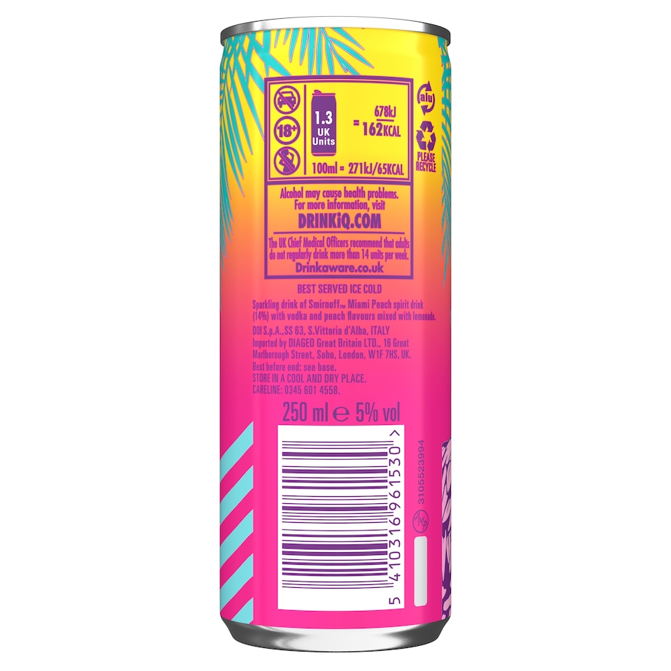 image 1 of Smirnoff  Vodka Miami Peach and Lemonade 250ml