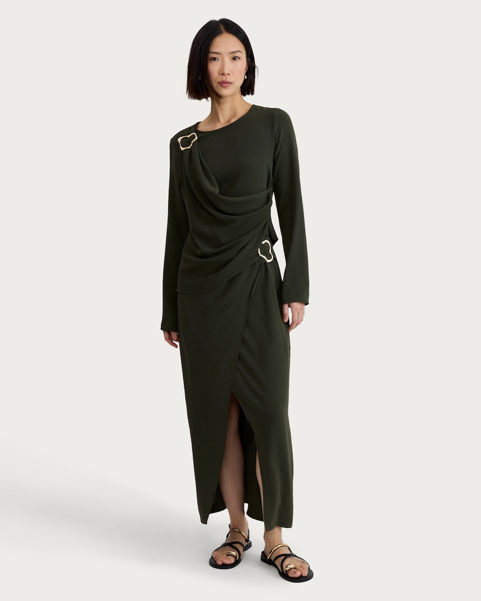 image 1 of F&F Draped Metal Buckle Long Sleeved Co-ord Top in Khaki