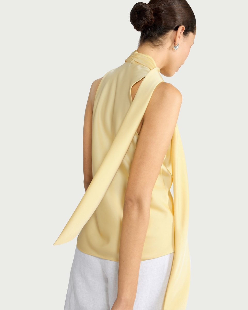 image 1 of F&F Satin Cowl Scarf Neck Blouse in Yellow