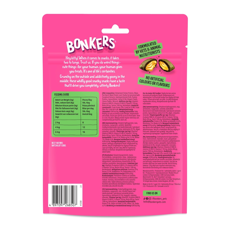 image 1 of Bonkers Cat Treats - Catnip, Chick 'N' Cheddar Flavour 180g