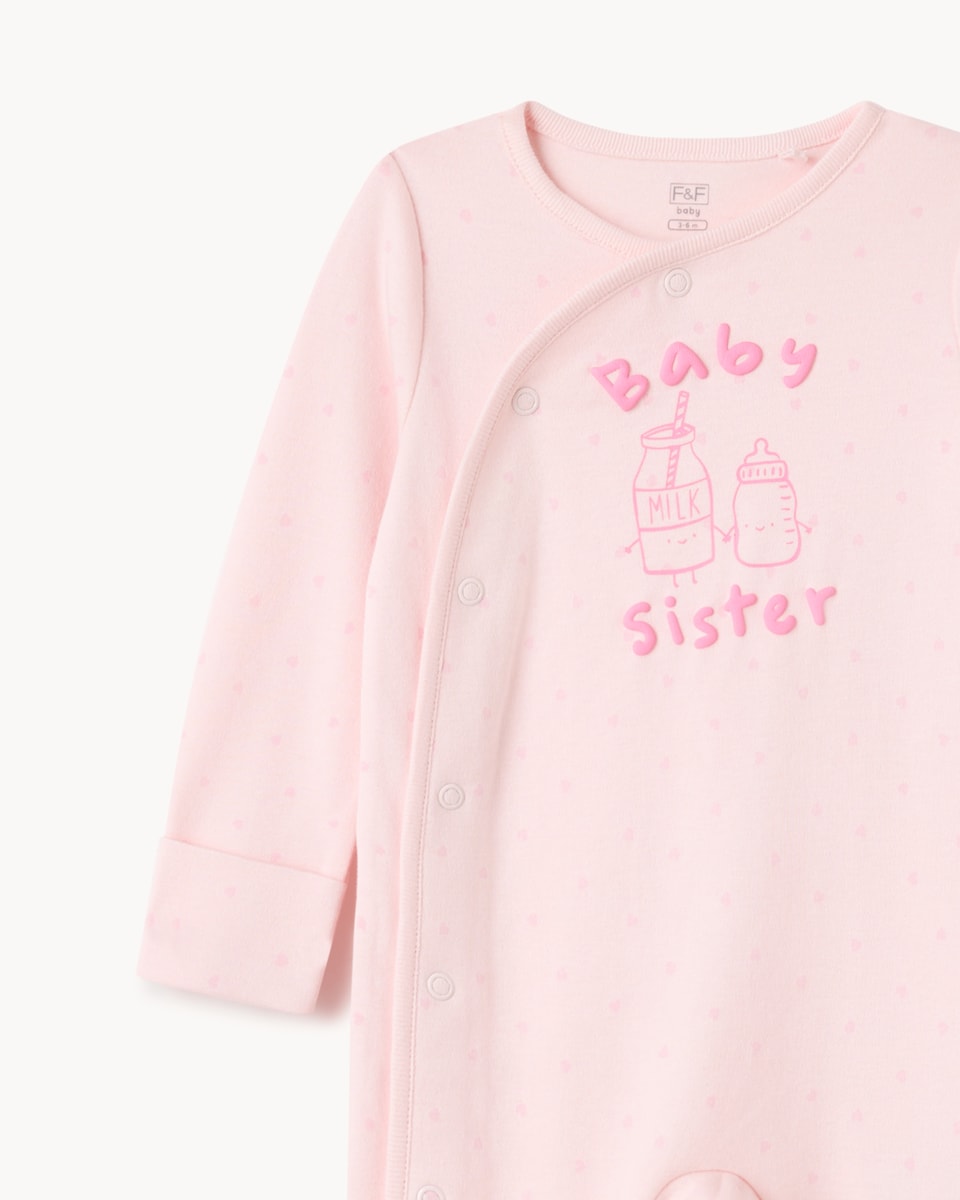image 1 of F&F Baby Pure Cotton Sister Sleepsuit in Pink