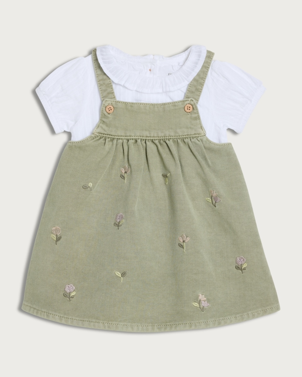 F&F Baby 2-Piece Pure Cotton Denim Embroidered Pinafore Dress and Bodysuit Set in Green