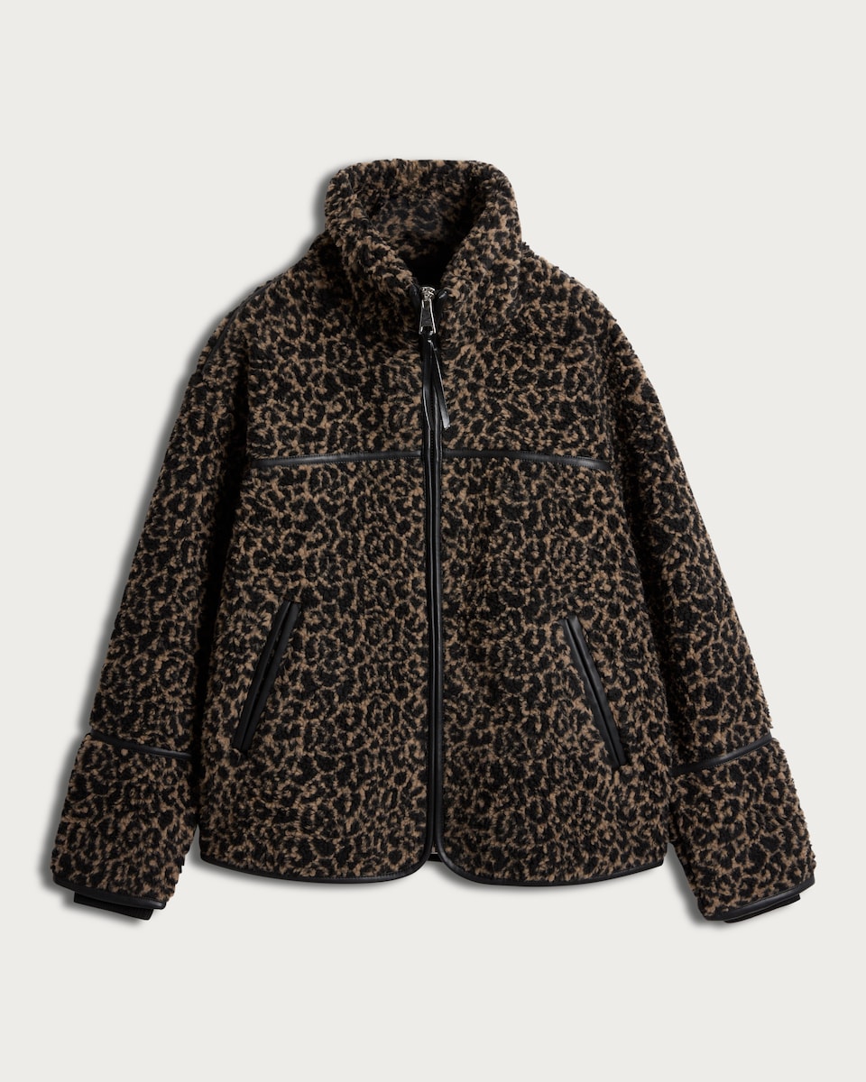 F&F Active Fleece Leopard Print Zip Up Jacket in Multi Black