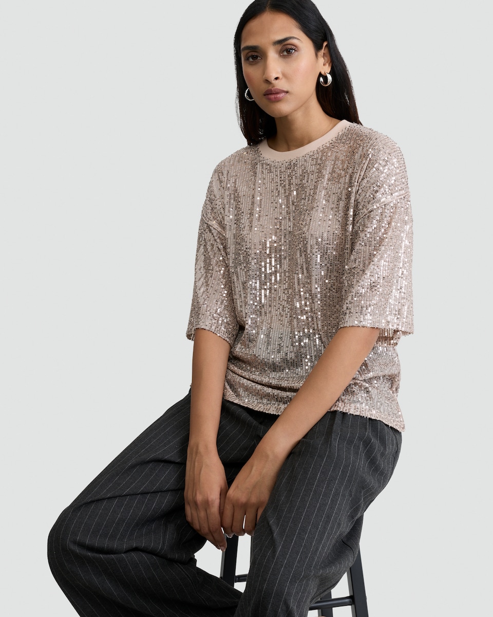 image 1 of F&F Sequin Embellished Boxy Short Sleeved Top in Cream