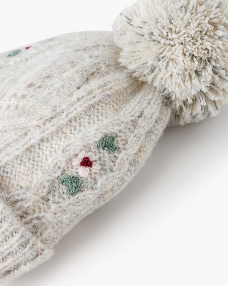 image 1 of F&F Baby Knitted Embroidered Beanie in Neutral