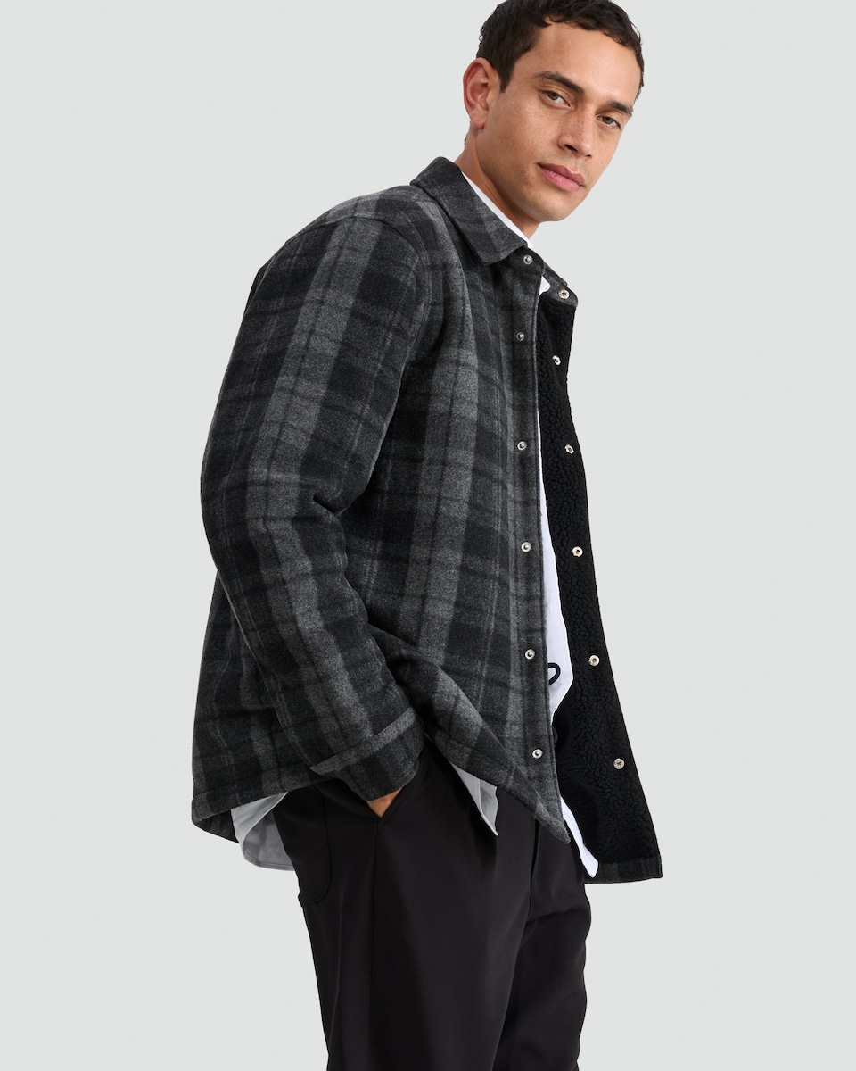 image 1 of F&F Borg Lined Check Print Button Up Overshirt in Grey