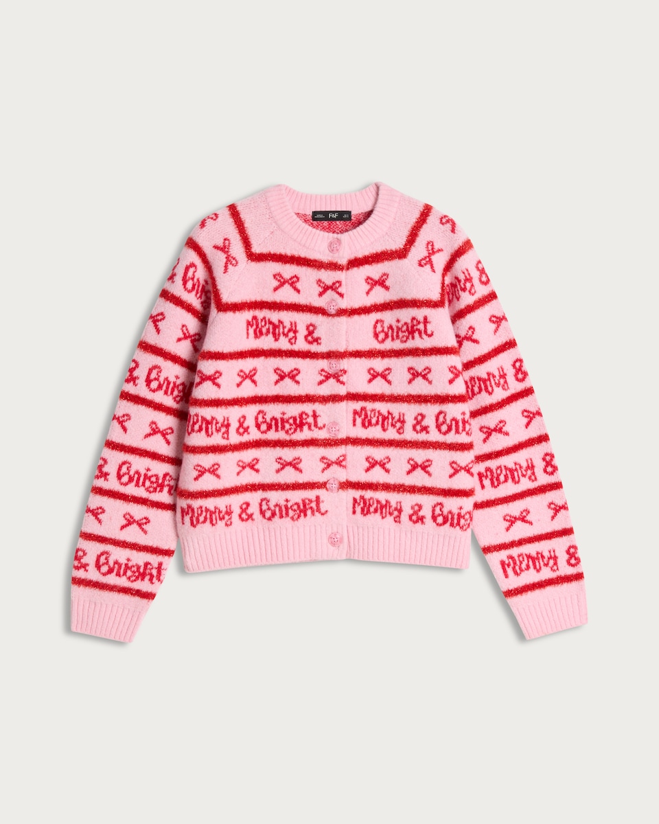 image 1 of F&F Knitted Merry & Bright Button Front Cardigan in Pink