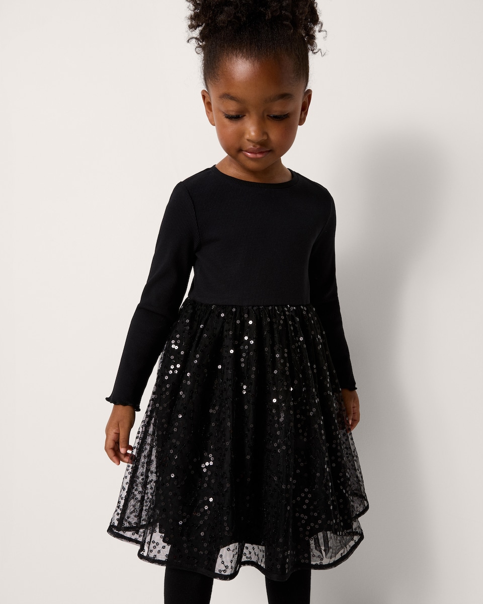 image 1 of F&F Girls Cotton Rich Sequin Tutu Dress in Black