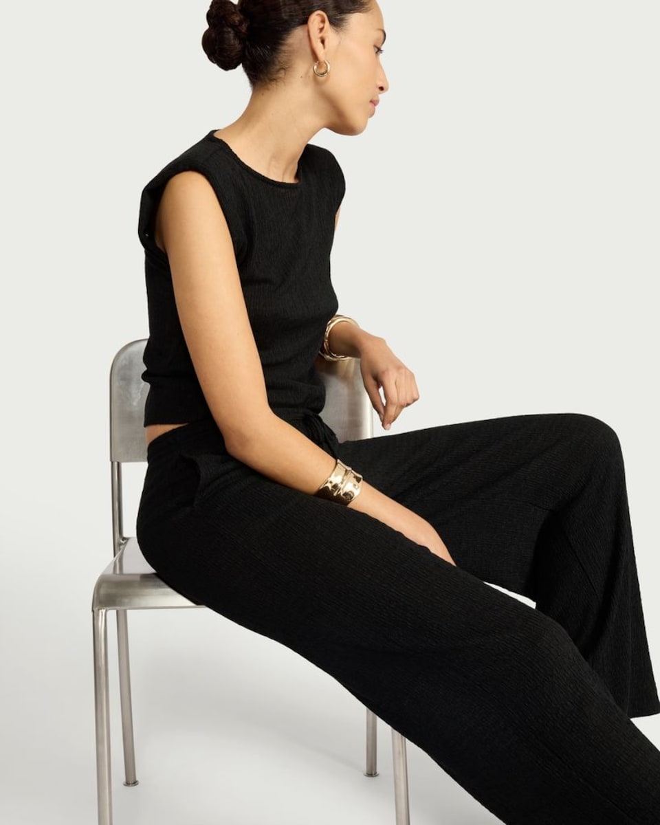 image 1 of F&F Textured Wide Leg Drawstring Co-ord Trousers in Black