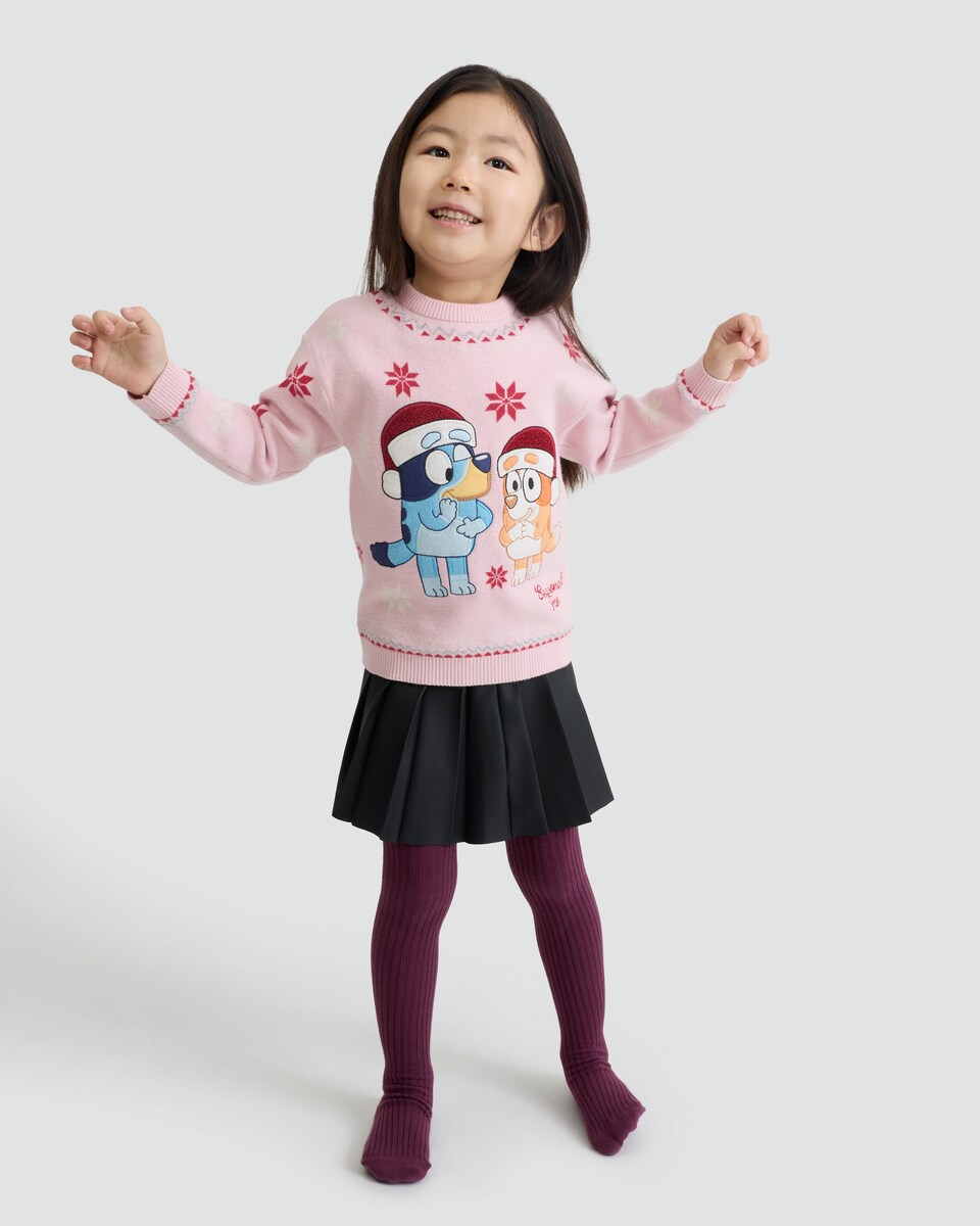 image 1 of Bluey Seasonal Fun Print Knitted Jumper in Pink