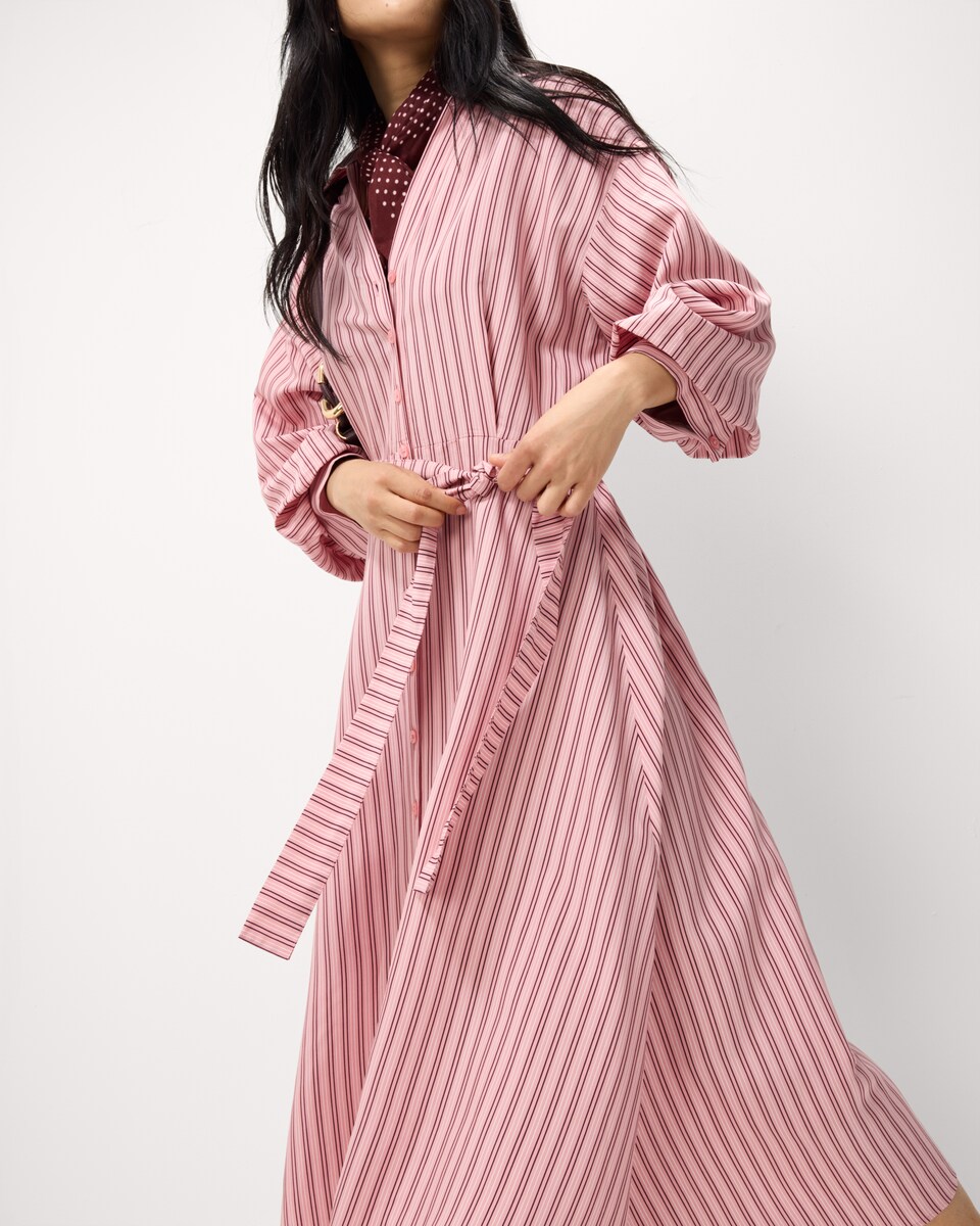 image 1 of F&F Striped Puff Sleeved Midi Dress in Pink