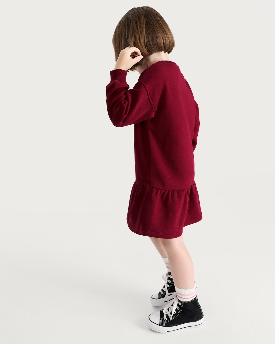 image 1 of F&F Girls Cotton Rich NYC Teddy Bear Sweatshirt Dress in Burgundy