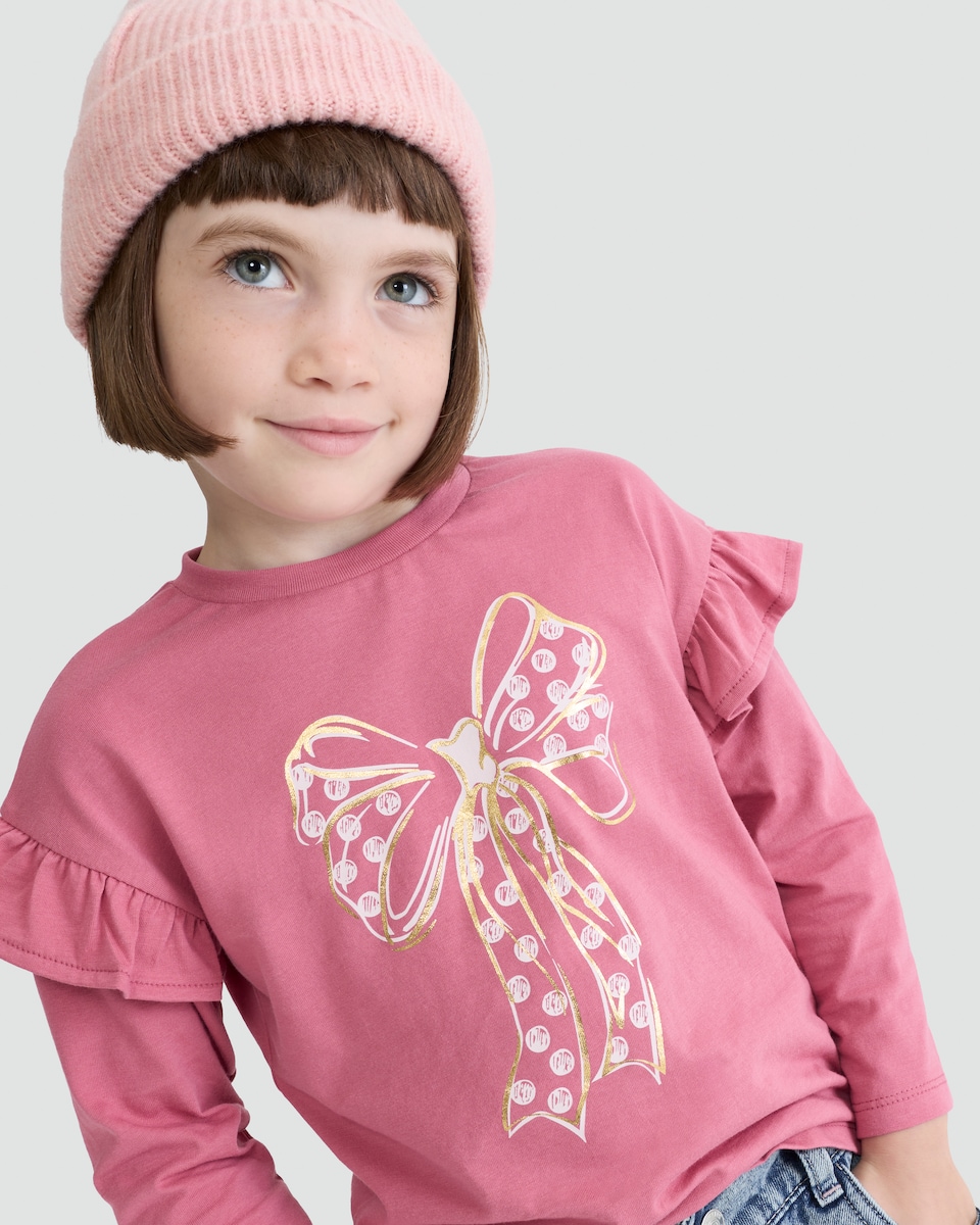 image 1 of F&F Girls Pure Cotton Bow Print Long Sleeved Top in Burgundy