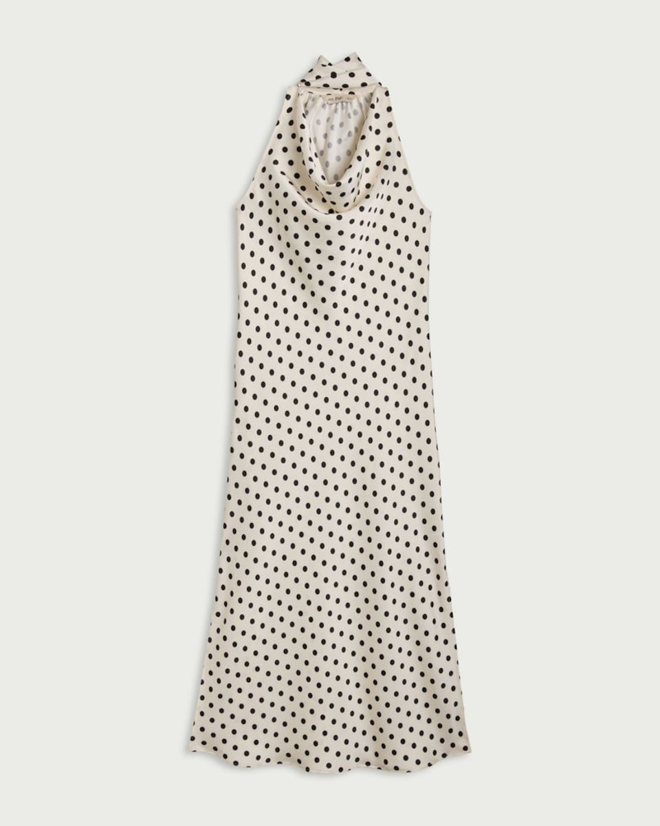 image 1 of F&F Satin Polka Dot Cowl Neck Maxi Dress in Multi Black White