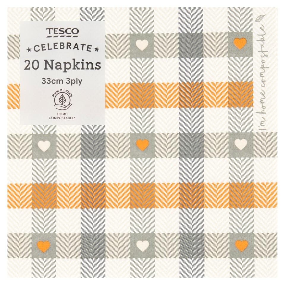 Tesco Gingham Heart Napkin 33Cm 3Ply 20 Pack