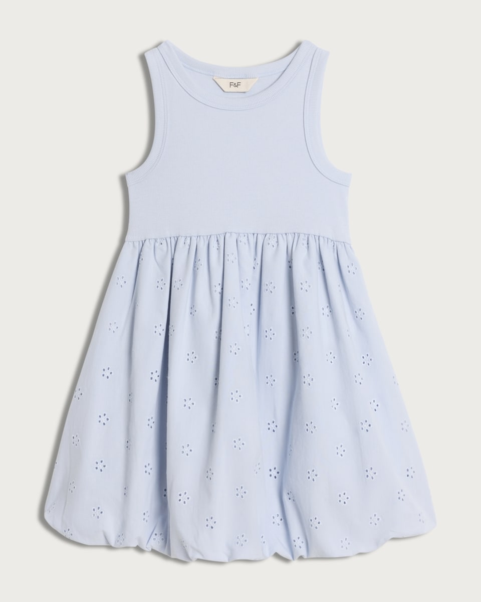 F&F Girls Cotton Rich Broderie Sleeveless Dress in Blue