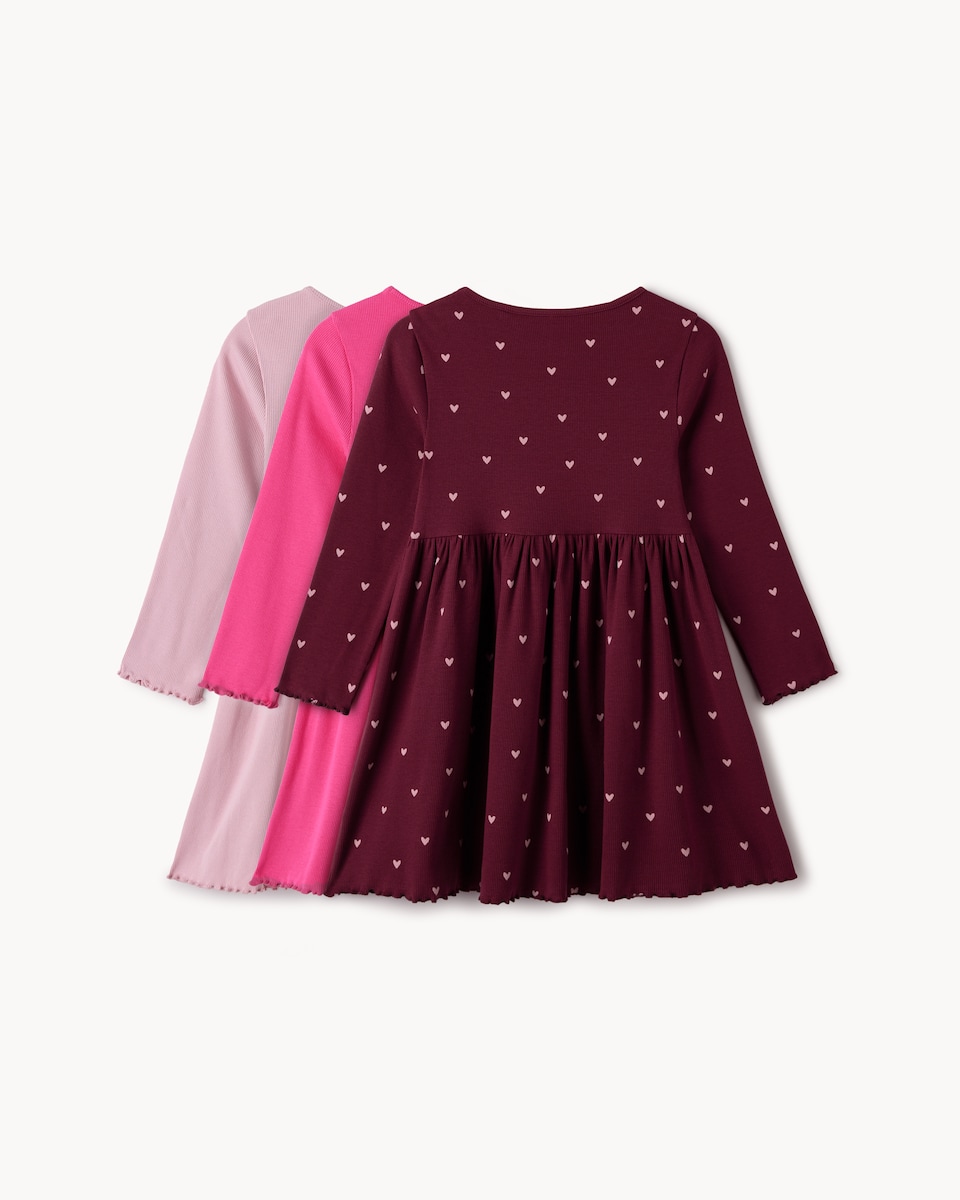 image 1 of F&F Girls 3-Pack Cotton Rich Ribbed Dresses in Burgundy