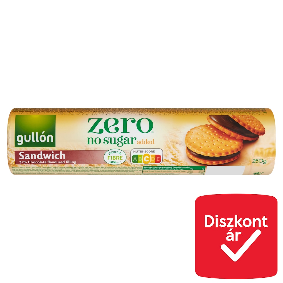 Gullón Zero csokoládé ízű krémmel töltött keksz, édesítőszerrel, hozzáadott cukor nélkül 250 g  1. kép