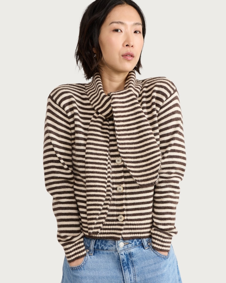 image 1 of F&F Knitted Striped Scarf Cardigan in Brown