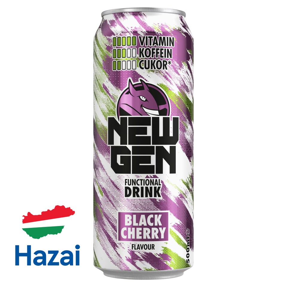 New Gen fekete cseresznye- és tuttifruttiízű, koffeintartalmú, szénsavas, alkoholmentes ital 500 ml  1. kép