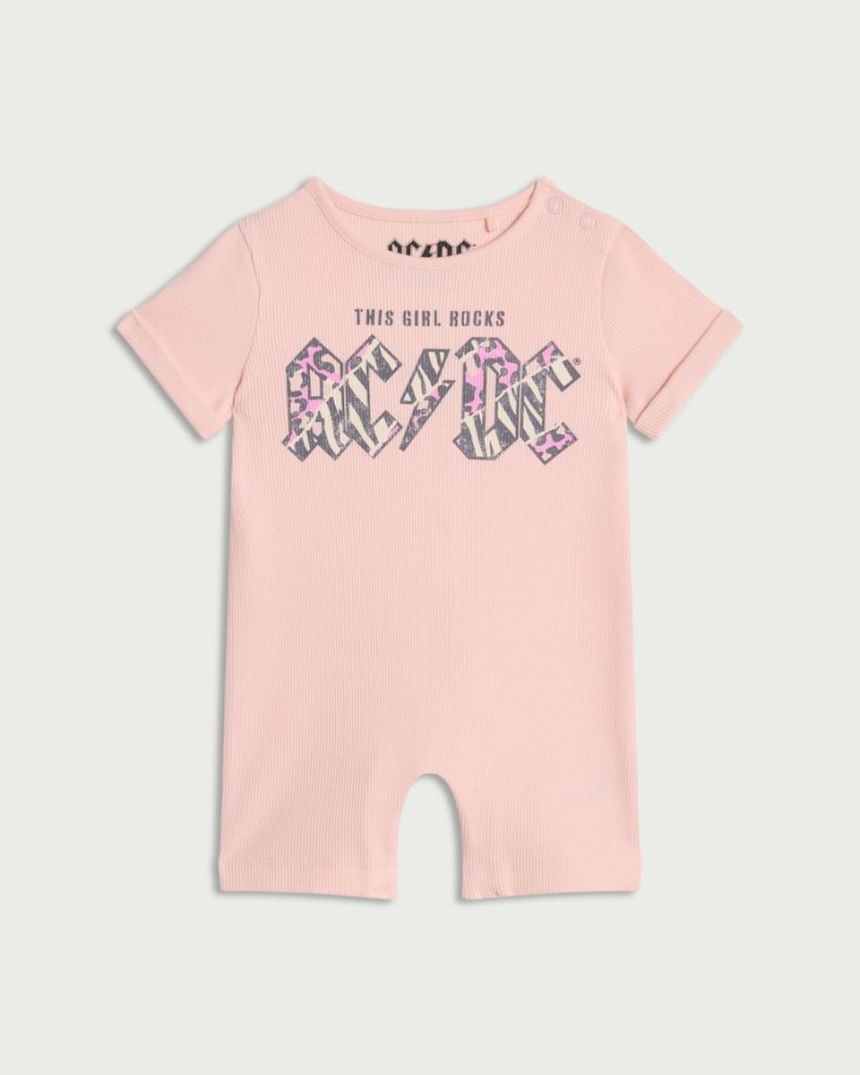 image 1 of AC/DC Cotton Rich This Girl Rocks Slogan Short Sleeved Romper in Pink