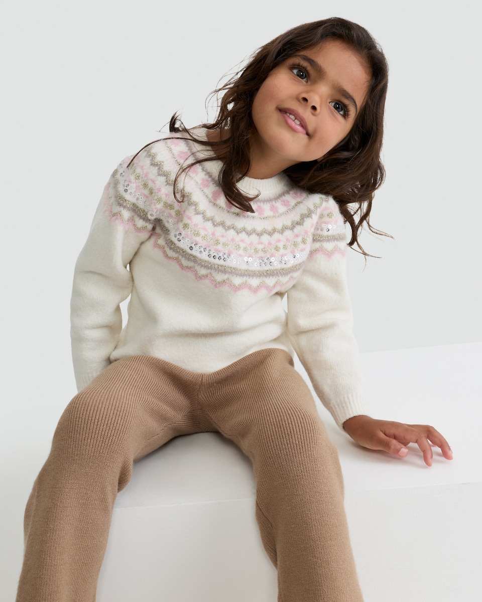 image 1 of F&F Girls Knitted Fair Isle Sequin Jumper in Cream
