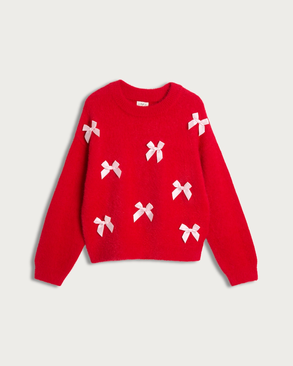 image 1 of F&F Girls Textured Bow Accent Jumper in Red