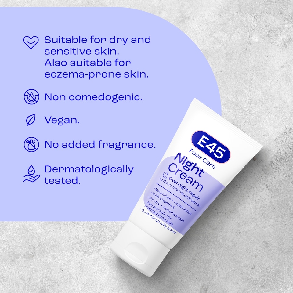 image 1 of E45 Night Face Cream to Repair & Replenish Dry Skin 50ml