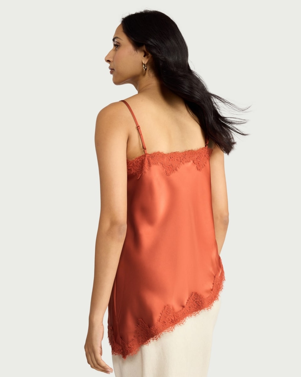image 1 of F&F Satin Lace Trim Asymmetric Hem Camisole in Orange