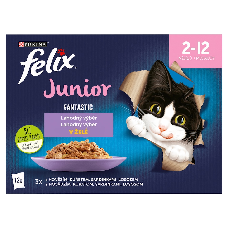 Felix Fantastic Junior kapsičky pre mačiatka hovädzie, kura, sardinky, losos v želé 12 x 85 g