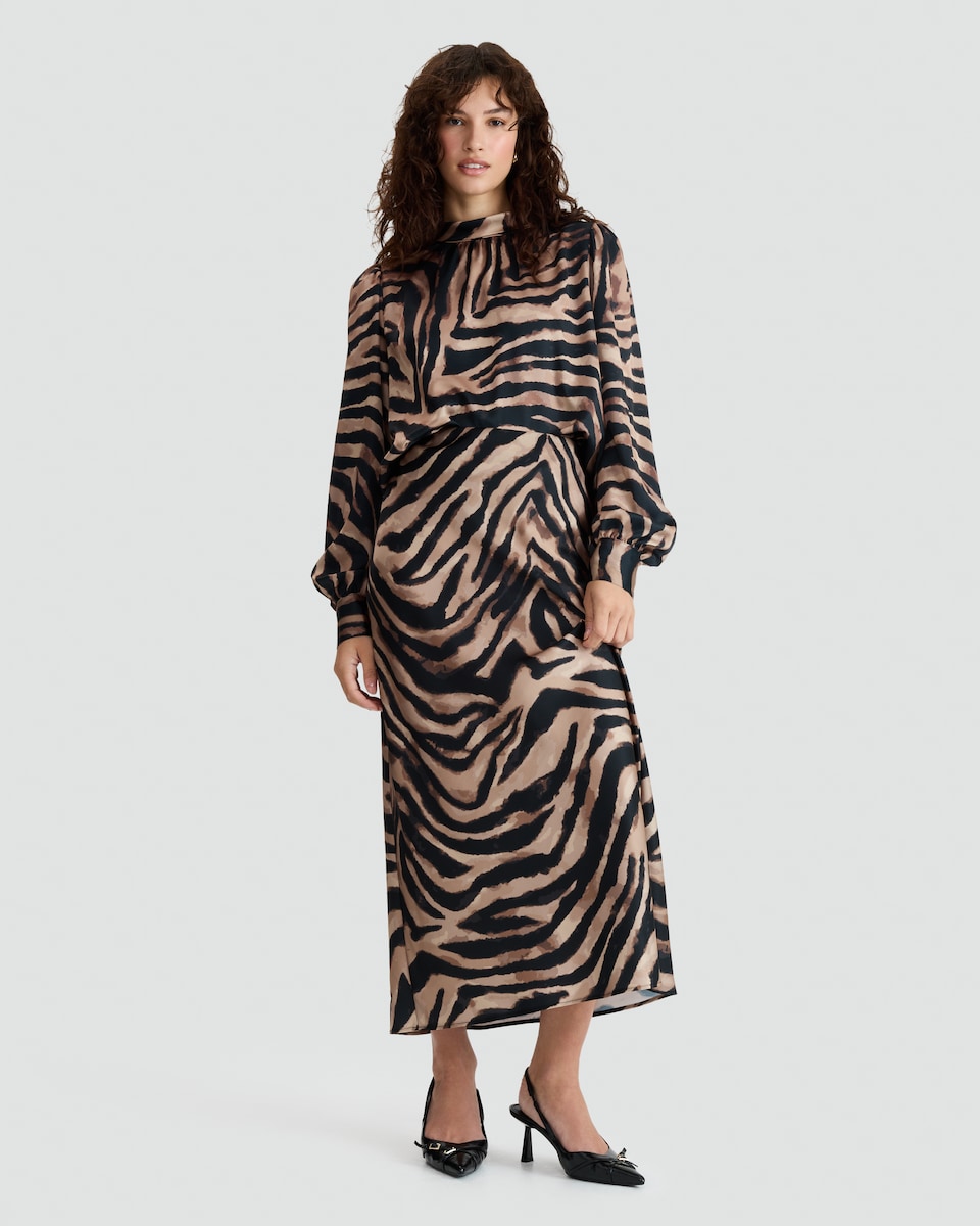 image 1 of F&F Satin Zebra Print Midi Skirt in Multi Brown