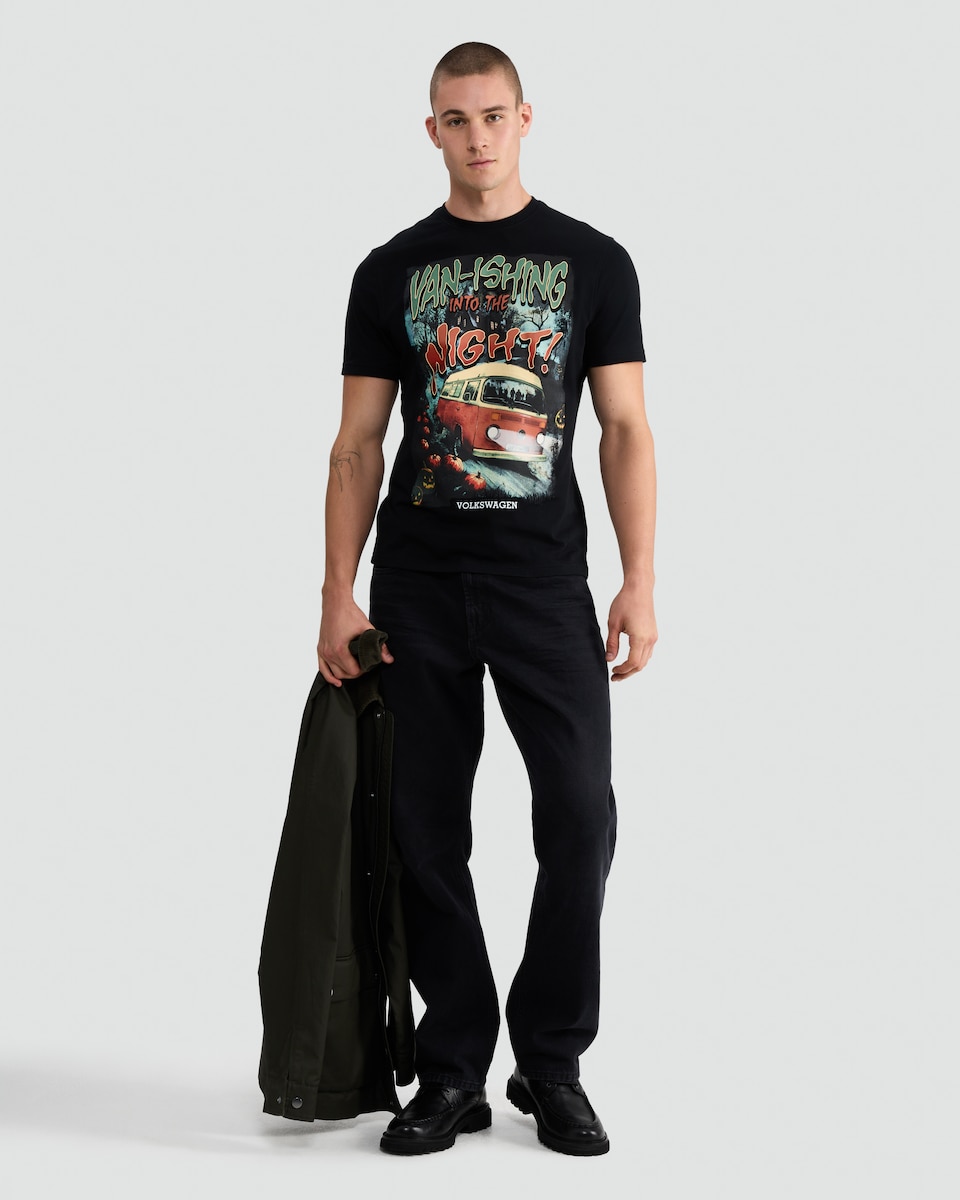 image 1 of Volkswagen Pure Cotton Van-ishing Slogan T-Shirt in Black