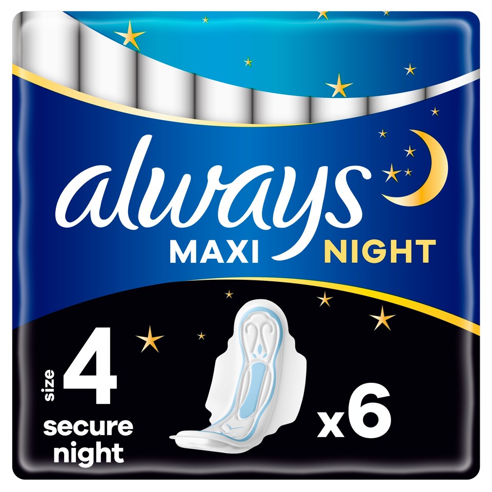 Always Maxi Secure Night Hygienické Vložky (Velikost 4) S Křidélky 6ks