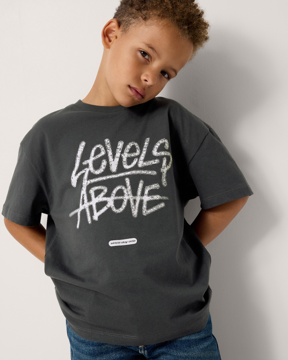 image 1 of F&F Boys Pure Cotton Slogan T-Shirt in Grey