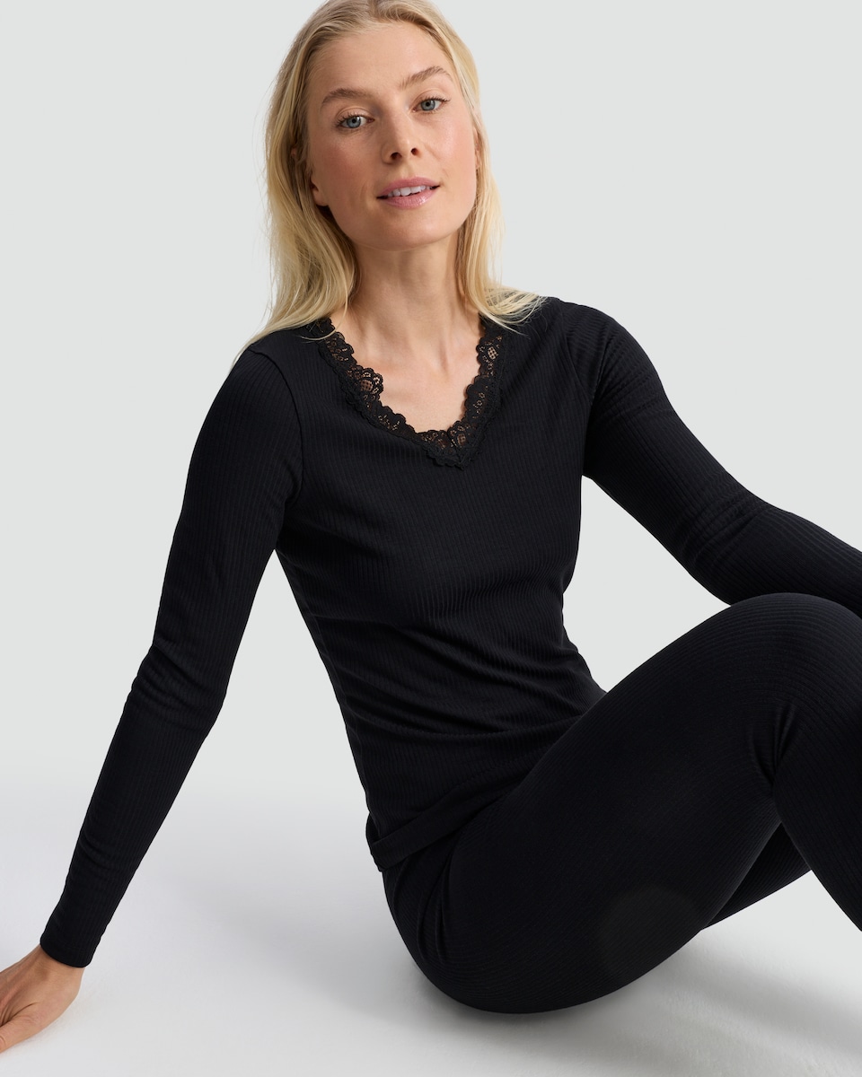 image 1 of F&F Medium Warmth Thermal Lace Trim Long Sleeved Top in Black