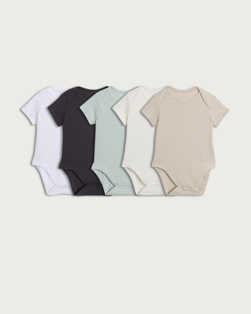 F&F Baby 5-Pack Cotton Rich Ribbed Bodysuits in Multi