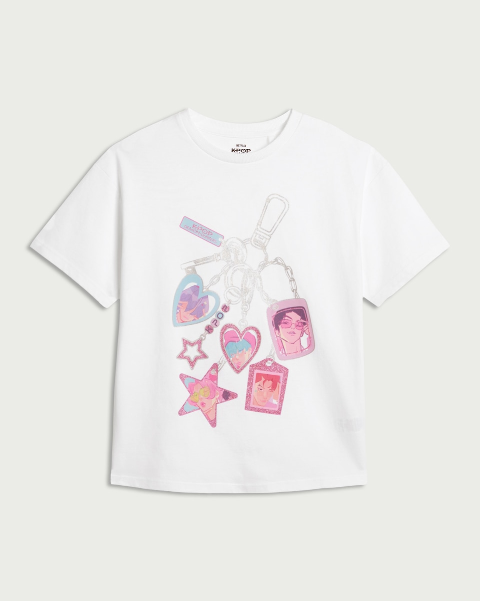 image 1 of K-Pop Demon Hunters Pure Cotton Keyring Charm Print T-Shirt in White