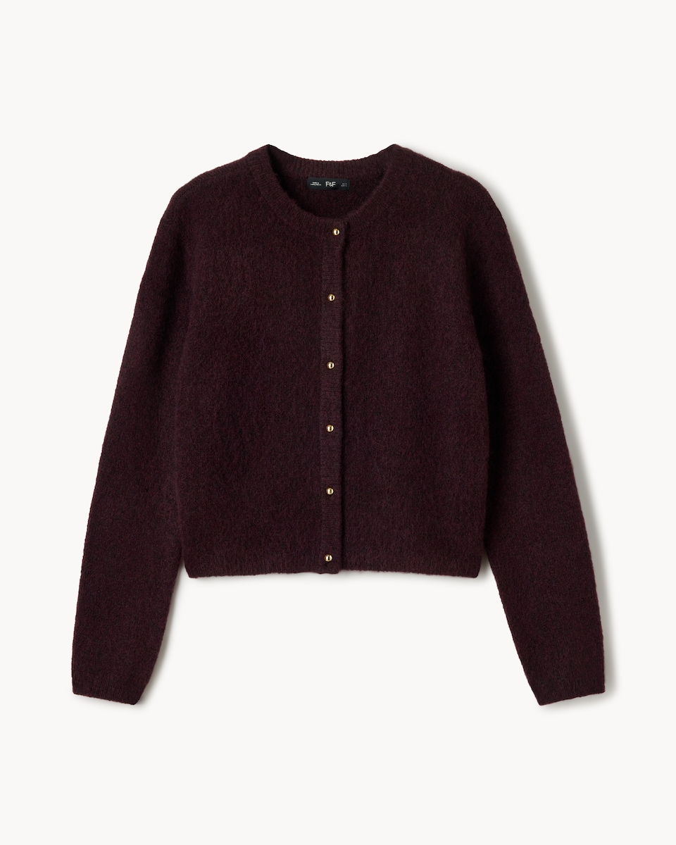 image 1 of F&F Crew Neck Cardigan in Burgundy