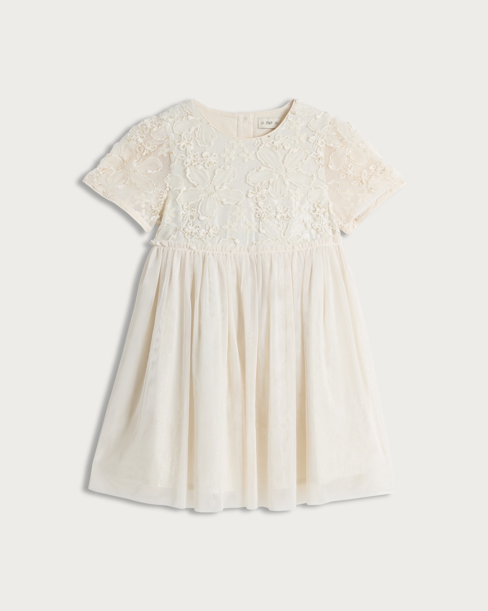 image 1 of F&F Girls Floral Lace Short Sleeved Dress in Cream