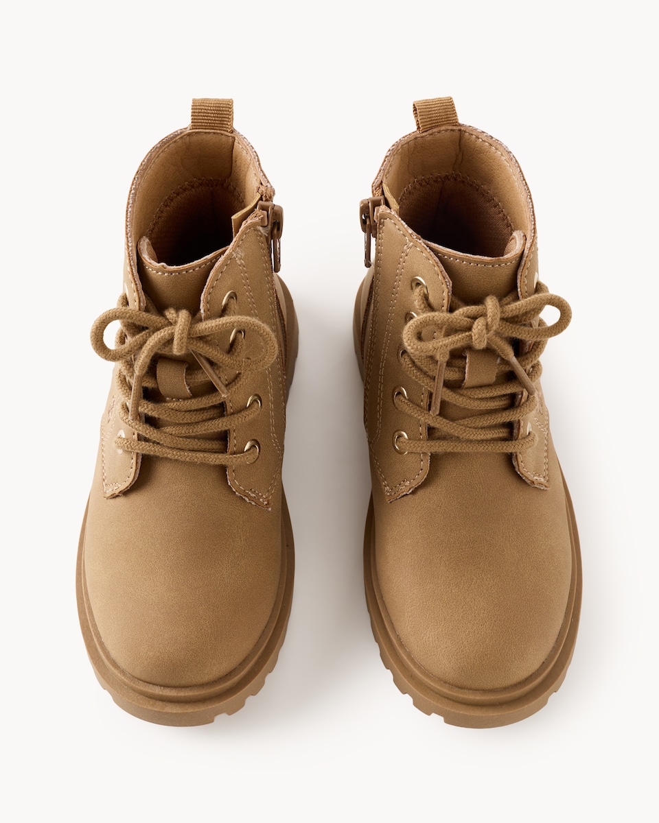 image 1 of F&F Girls Embroidered Lace Up Ankle Boots in Tan