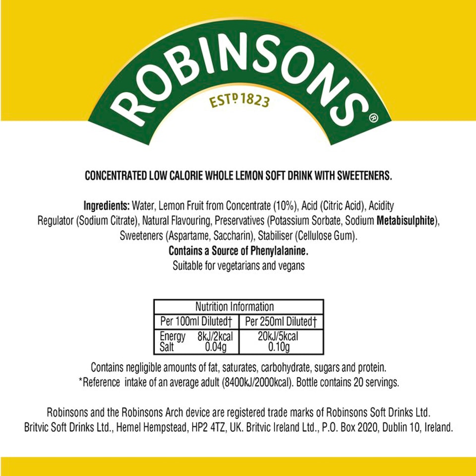 image 1 of Robinsons Lemon No Added Sugar Squash 1L