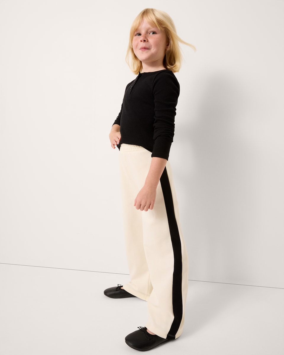 image 1 of F&F Girls Cotton Rich Side Stripe Wide Leg Joggers in Cream