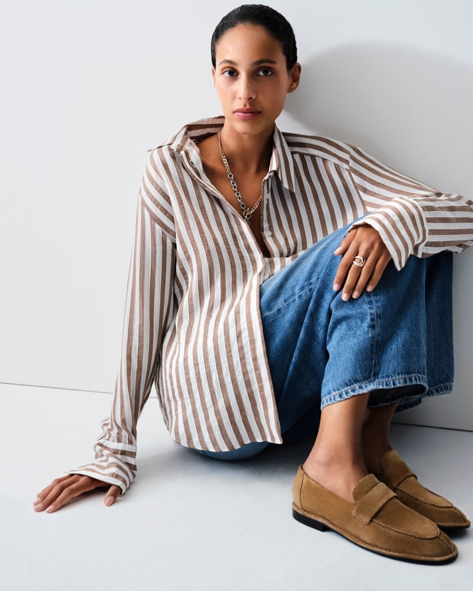 image 1 of F&F Textured Striped Tie Waist Shirt in Neutral