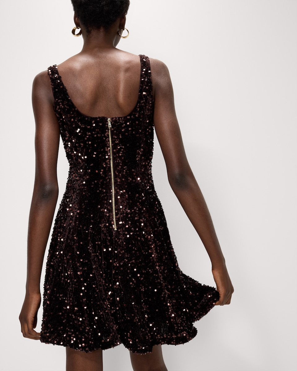 image 1 of F&F Velvet Sequin Square Neck Mini Dress in Chocolate