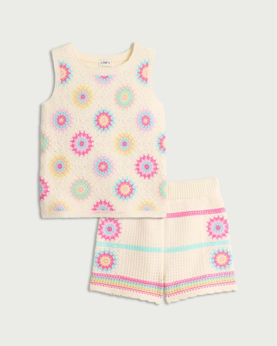 image 1 of F&F Girls 2-Piece Cotton Rich Crochet-Look Top and Shorts Set in Cream
