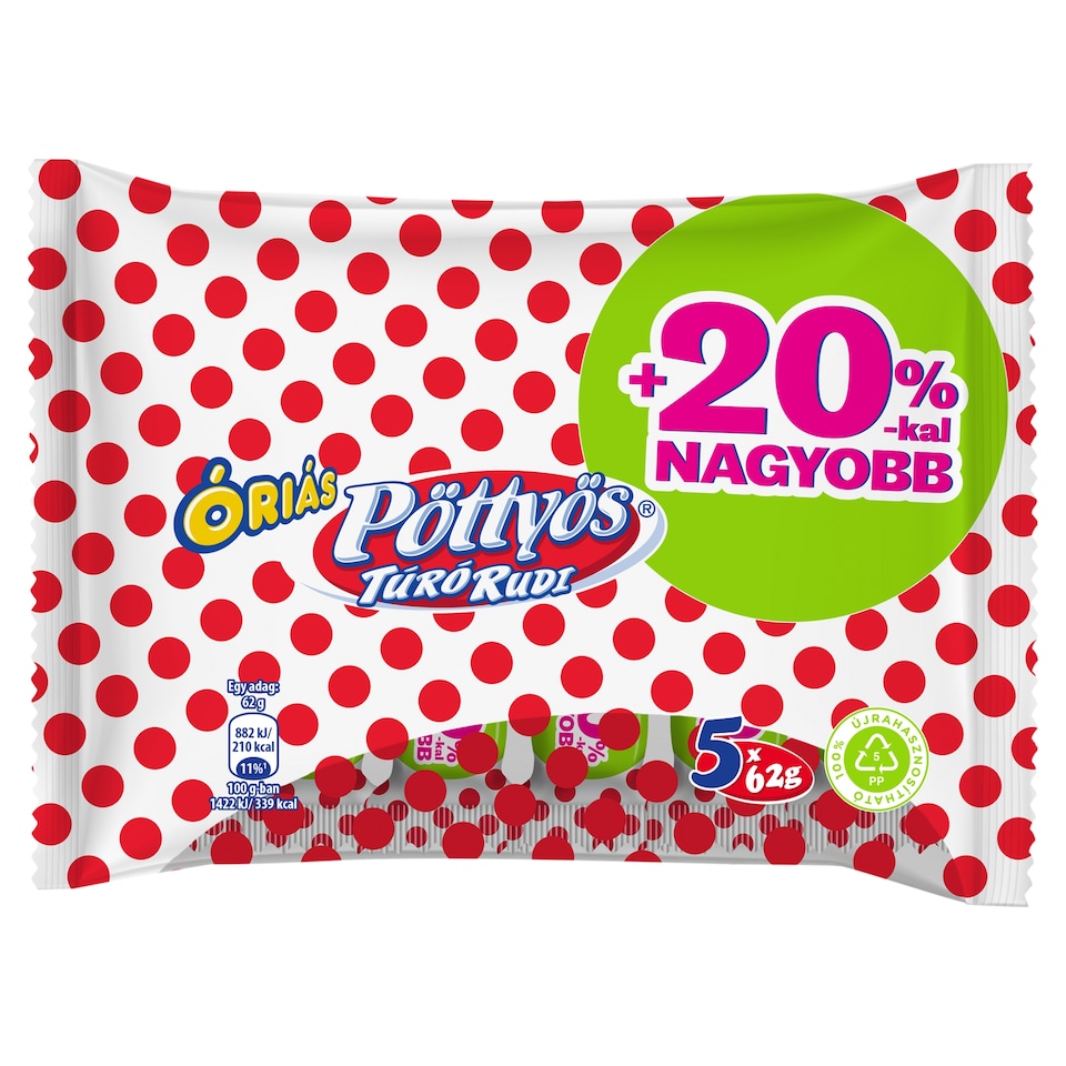 Pöttyös Óriás Túró Rudi natúr túródesszert kakaós étbevonattal 5 x 62 g (310 g)